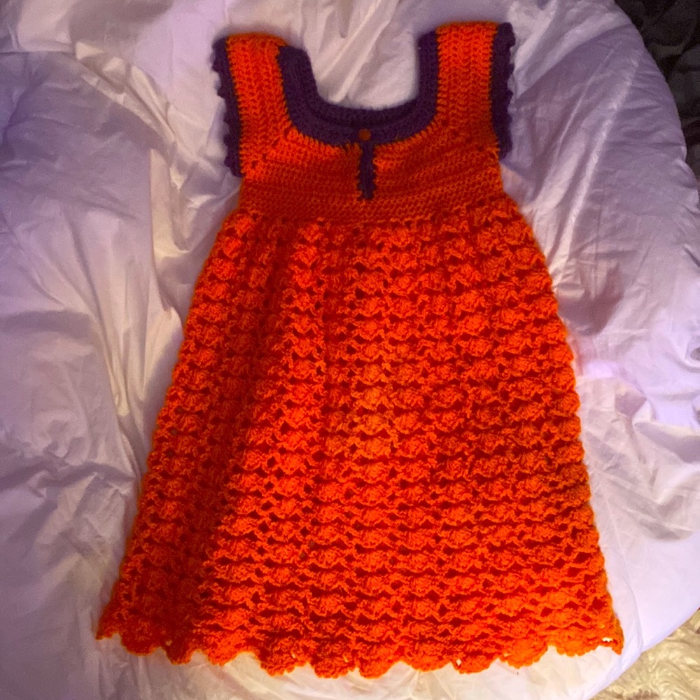 Orange and purple knit and crochet girls dress